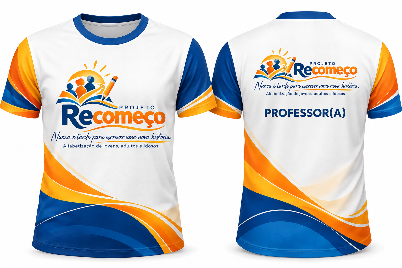 Camiseta de professor(a) do Projeto Recomeço, frente e verso